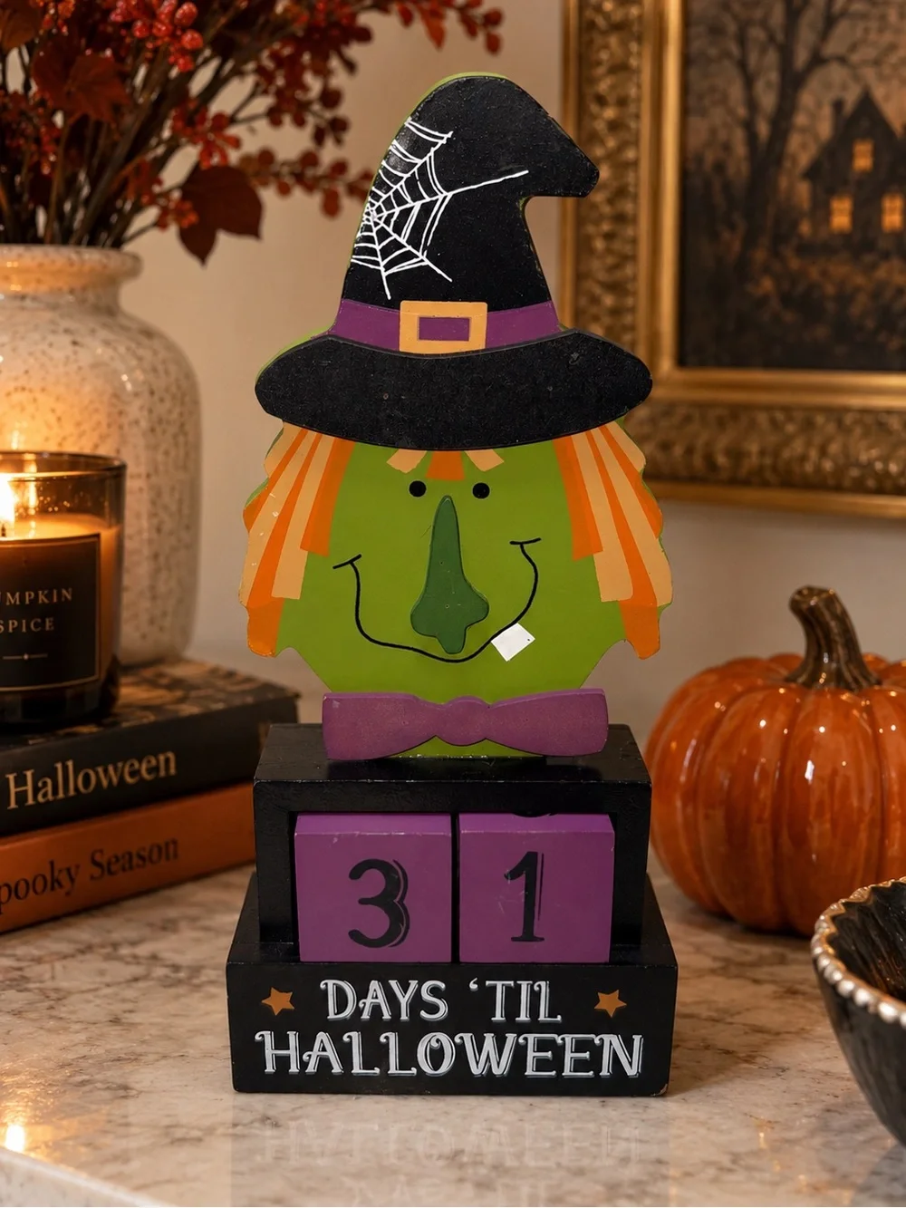 Halloween Witch Countdown Block Decor - Green